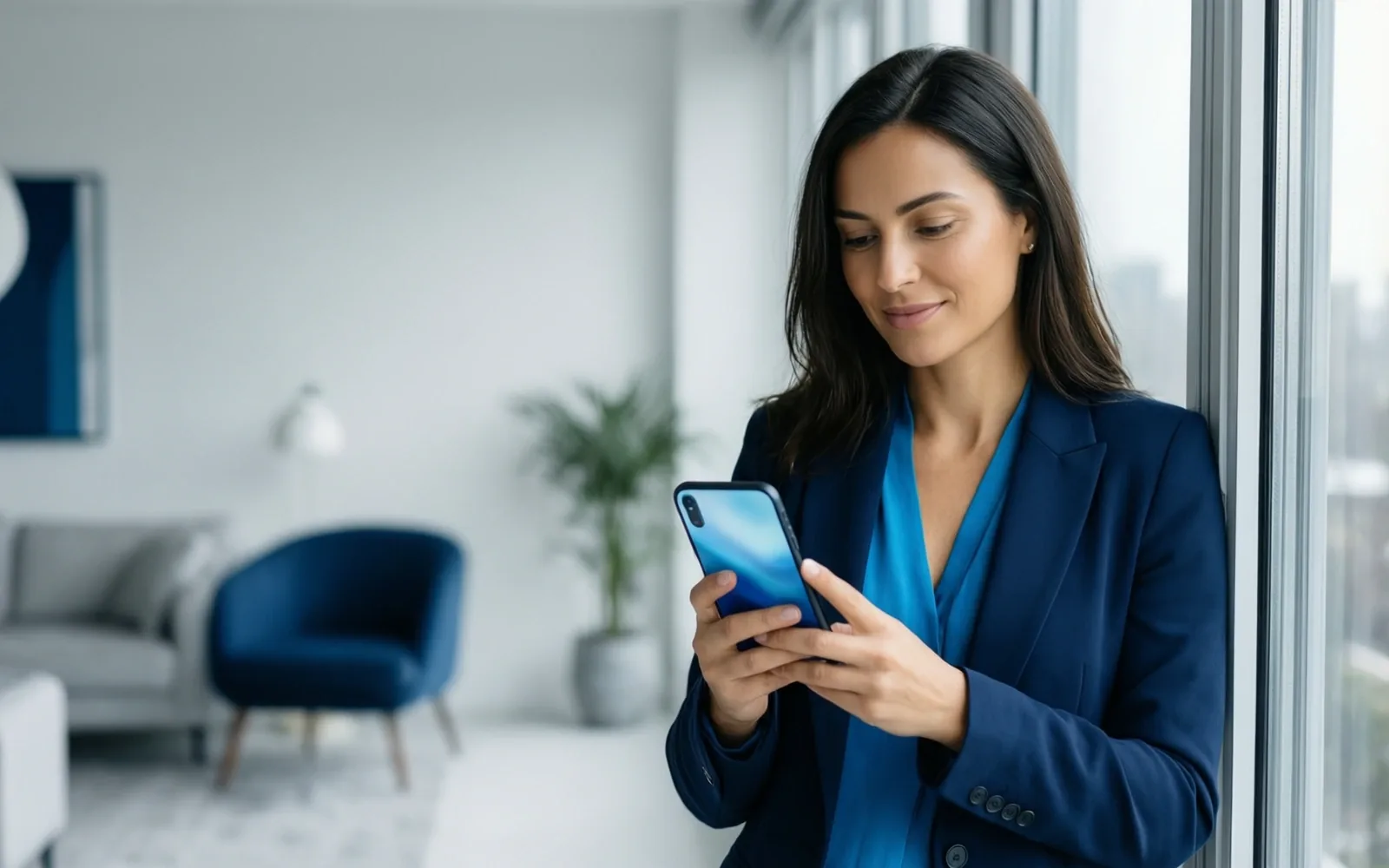 Business professional checking her smartphone by an office window