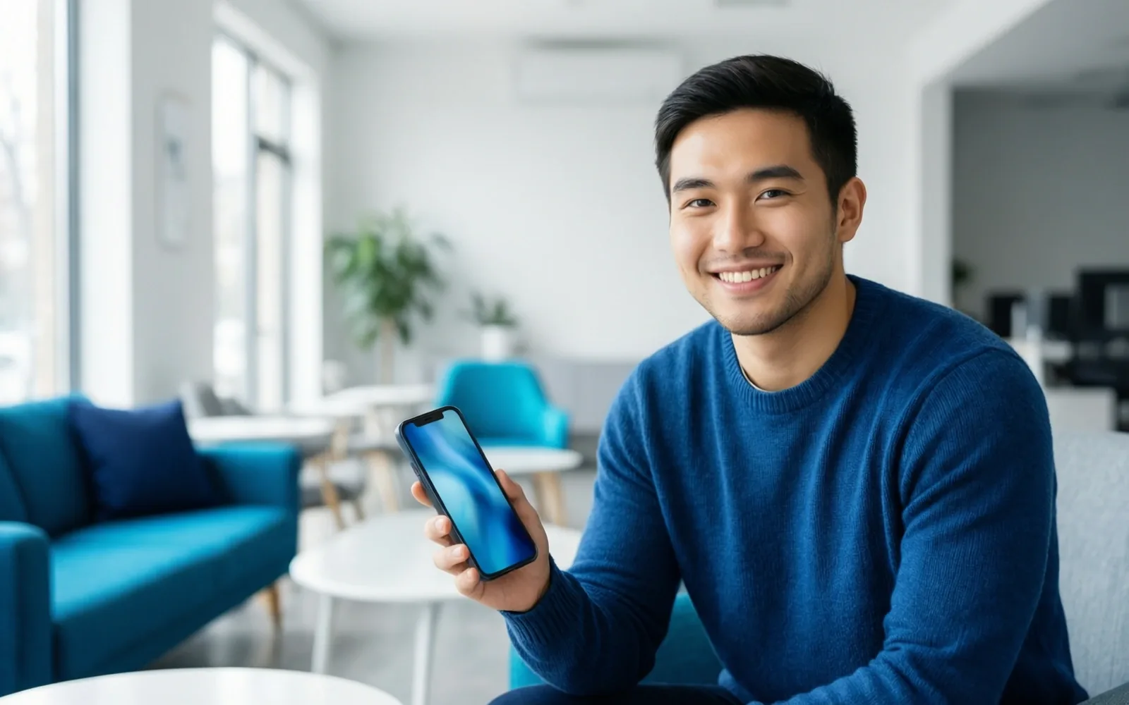 Smiling employee holding up a smartphone in a bright lounge
