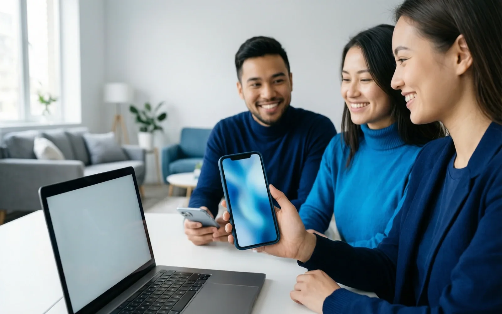 Three smiling people looking at a smartphone together at a table with a laptop